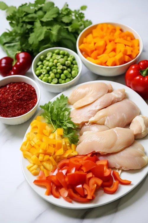 ingredientes arroz con pollo y verduras